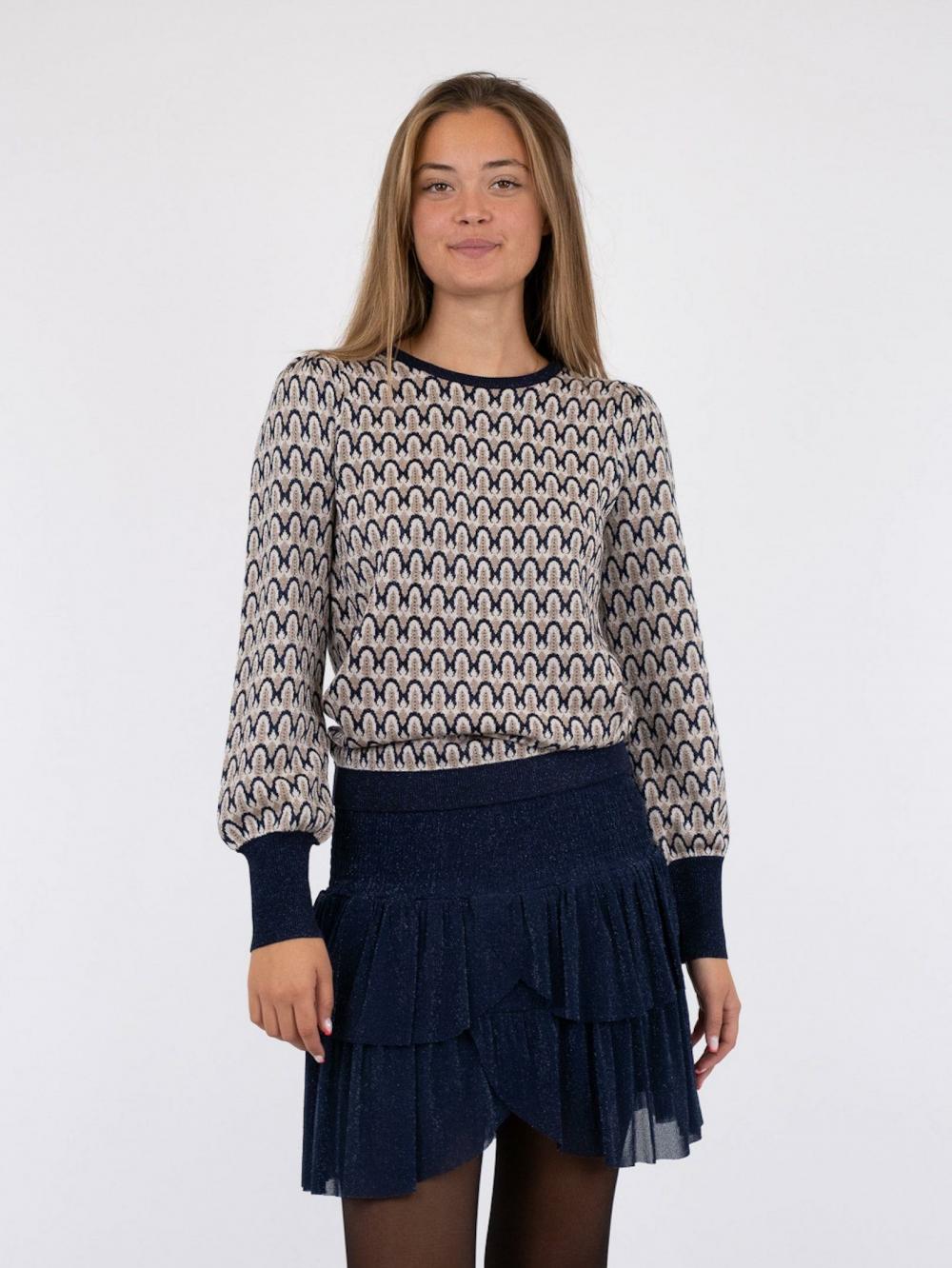 Dame Loline Pattern Knit Blouse Navy | Neo Noir Bluser